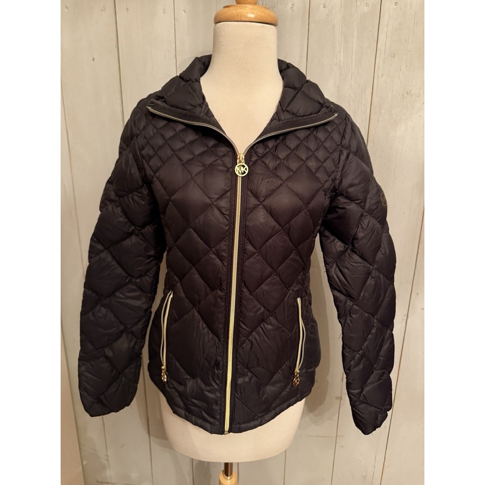 Michael Kors Down Fill Quilted Packable Black Full Gold Zip Puffer Coat Jacket S